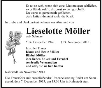 Traueranzeige von Lieselotte Möller von Uelzen