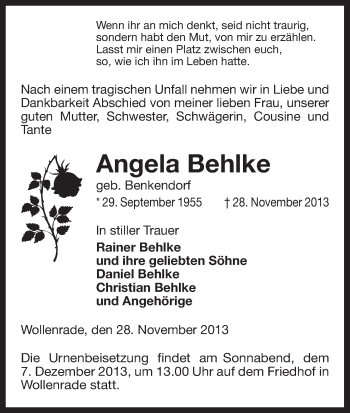 Traueranzeige von Angela Behlke von Uelzen