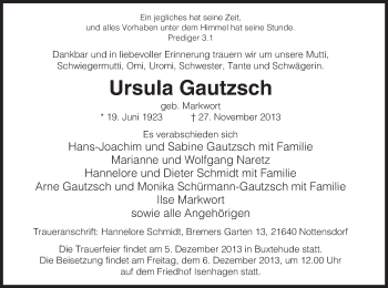 Traueranzeige von Ursula Gautzsch von Uelzen