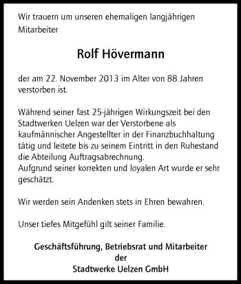 Traueranzeige von Rolf Hövermann von Uelzen