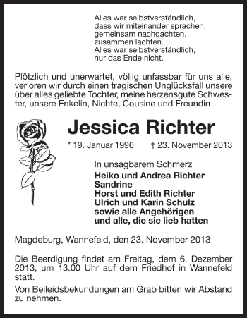 Traueranzeige von Jessica Richter von Uelzen