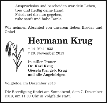 Traueranzeige von Hermann Krug von Uelzen