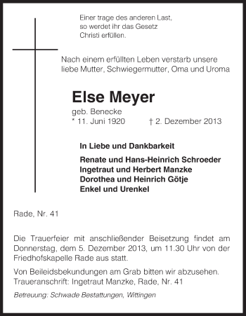 Traueranzeige von Else Meyer von Uelzen