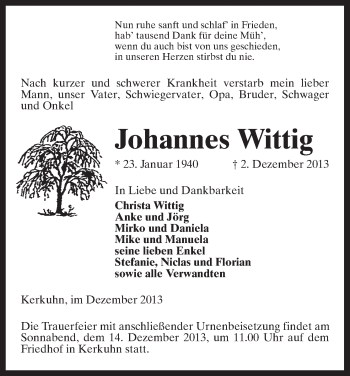 Traueranzeige von Johannes Wittig von Uelzen