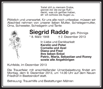 Traueranzeige von Siegrid Radde von Uelzen