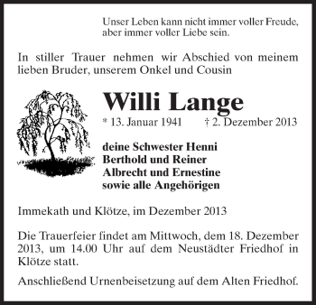 Traueranzeige von Willi Lange von Uelzen