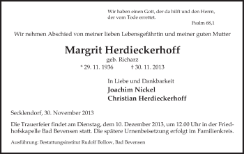 Traueranzeige von Margrit Herdieckerhoff von Uelzen