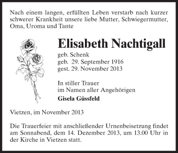 Traueranzeige von Elisabeth Nachtigall von Uelzen