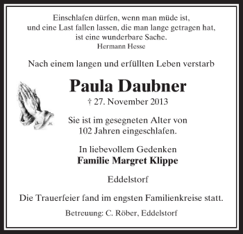 Traueranzeige von Paula Daubner von Uelzen