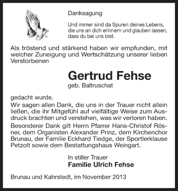 Traueranzeige von Gertrud Fehse von Uelzen
