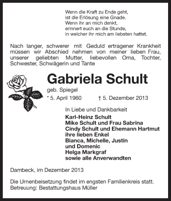 Traueranzeige von Gabriela Schult von Uelzen