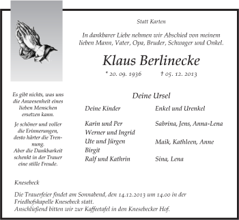 Traueranzeige von Klaus Berlinecke von Uelzen