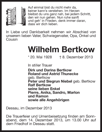 Traueranzeige von Wilhelm Bertkow von Uelzen