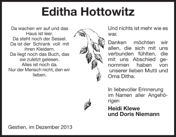 Traueranzeige von Editha Hottowitz von Uelzen