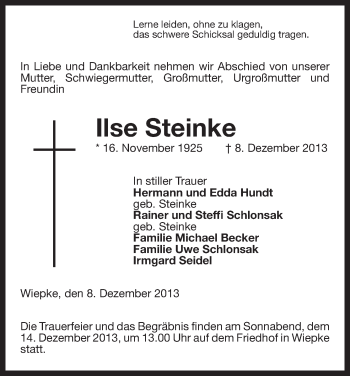 Traueranzeige von Ilse Steinke von Uelzen