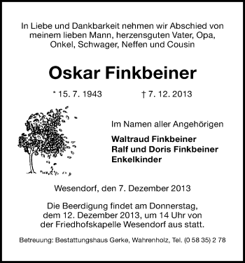 Traueranzeige von Oskar Finkbeiner von Uelzen