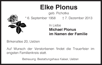 Traueranzeige von Elke Plonus von Uelzen