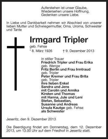 Traueranzeige von Irmgard Tripler von Uelzen