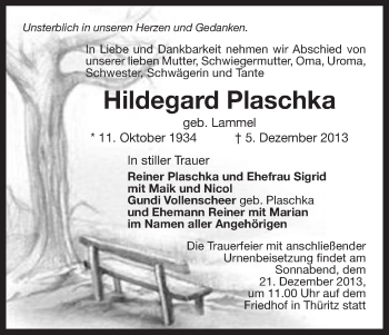 Traueranzeige von Hildegard Plaschka von Uelzen