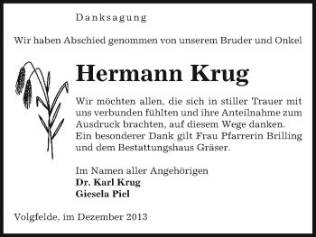 Traueranzeige von Hermann Krug von Uelzen