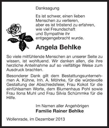 Traueranzeige von Angela Behlke von Uelzen