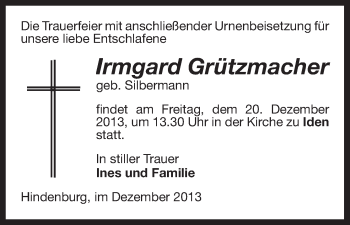 Traueranzeige von Irmgard Grützmacher von Uelzen