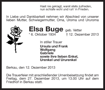 Traueranzeige von Elsa Buge von Uelzen