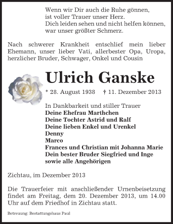 Traueranzeige von Ulrich Ganske von Uelzen