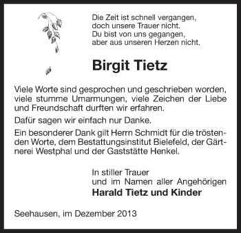 Traueranzeige von Birgit Tietz von Uelzen