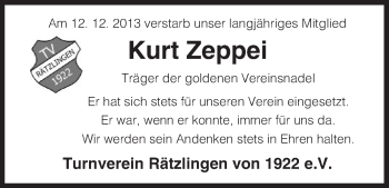 Traueranzeige von Kurt Zeppei von Uelzen