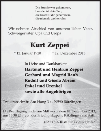 Traueranzeige von Kurt Zeppei von Uelzen