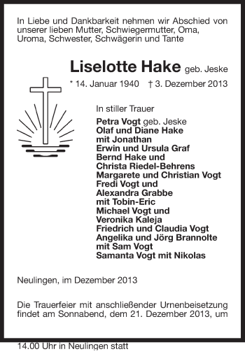 Traueranzeige von Lieselotte Hake von Uelzen