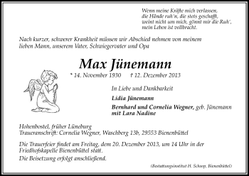 Traueranzeige von Max Jünemann von Uelzen