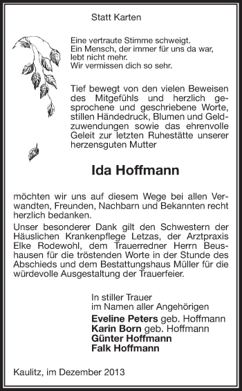 Traueranzeige von Ida Hoffmann von Uelzen