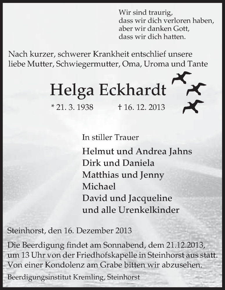  Traueranzeige für Helga Eckhardt vom 18.12.2013 aus Uelzen