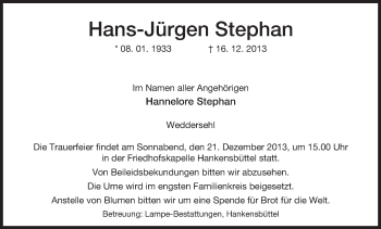 Traueranzeige von Hans-Jürgen Stephan von Uelzen