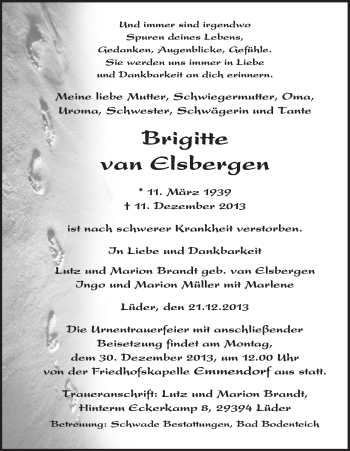 Traueranzeige von Brigitte van Elsbergen von Uelzen