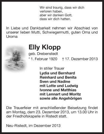 Traueranzeige von Elly Klopp von Uelzen