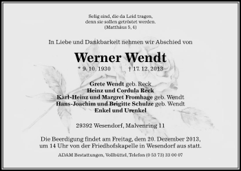 Traueranzeige von Werner Wendt von Uelzen