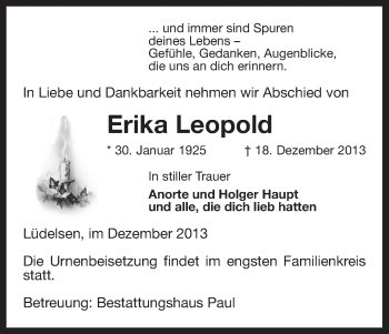 Traueranzeige von Erika Leopold von Uelzen