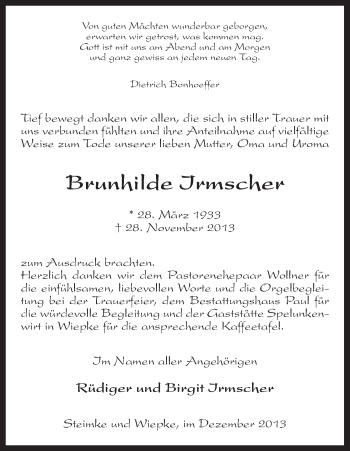 Traueranzeige von Brunhilde Irmscher von Uelzen