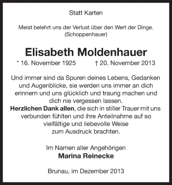 Traueranzeige von Elisabeth Moldenhauer von Uelzen