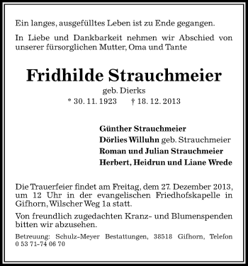 Traueranzeige von Fridhilde Strauchmeier von Uelzen