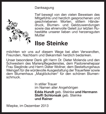 Traueranzeige von Ilse Steinke von Uelzen