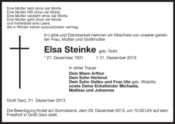 Traueranzeige von Elsa Steinke von Uelzen