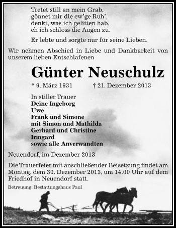 Traueranzeige von Günter Neuschulz von Uelzen