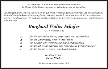 Traueranzeige von Burghard Walter Schäfer von Uelzen