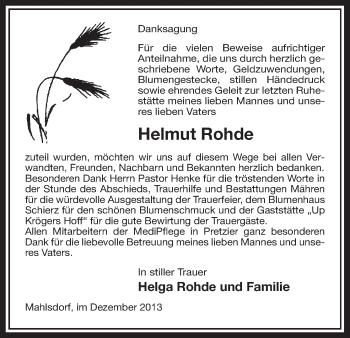 Traueranzeige von Helmut Rohde von Uelzen