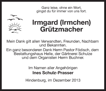 Traueranzeige von Irmgard Grützmacher von Uelzen