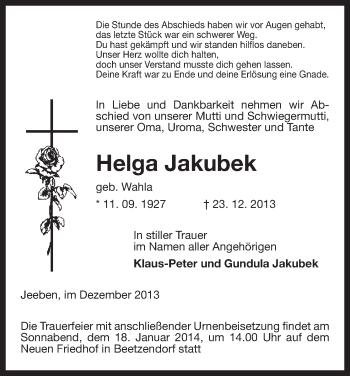 Traueranzeige von Helga Jakubek von Uelzen